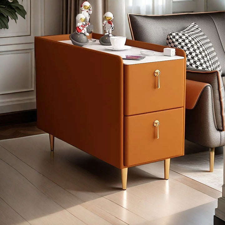 Modern Luxury MDF Solid Wood Stone Slab Faux Leather Rounded Rectangular Side Table 2-Drawer For Living Room