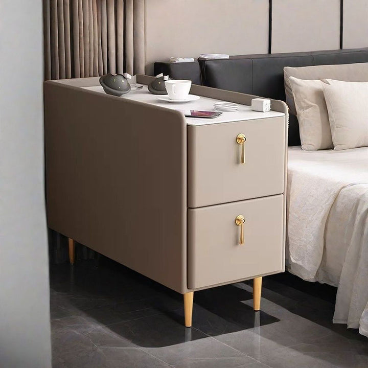 Modern Luxury MDF Solid Wood Stone Slab Faux Leather Rounded Rectangular Side Table 2-Drawer For Living Room