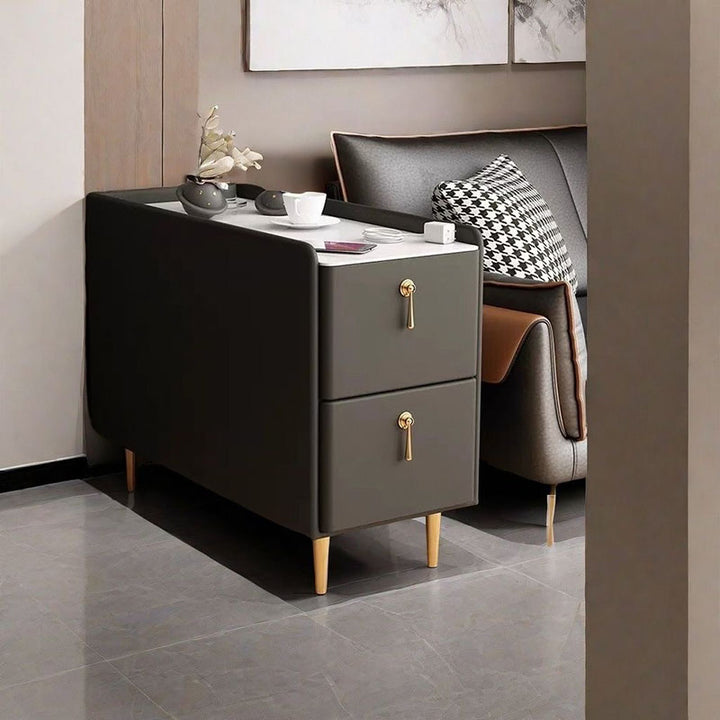 Modern Luxury MDF Solid Wood Stone Slab Faux Leather Rounded Rectangular Side Table 2-Drawer For Living Room