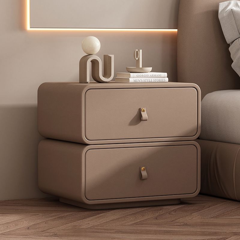 Modern Minimalist Solid Wood Faux Leather Rounded Square Nightstand 2 Drawers For Bedroom