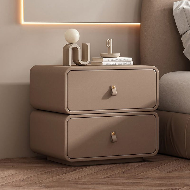 Modern Minimalist Solid Wood Faux Leather Rounded Square Nightstand 2 Drawers For Bedroom