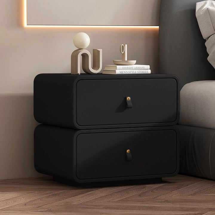 Modern Minimalist Solid Wood Faux Leather Rounded Square Nightstand 2 Drawers For Bedroom