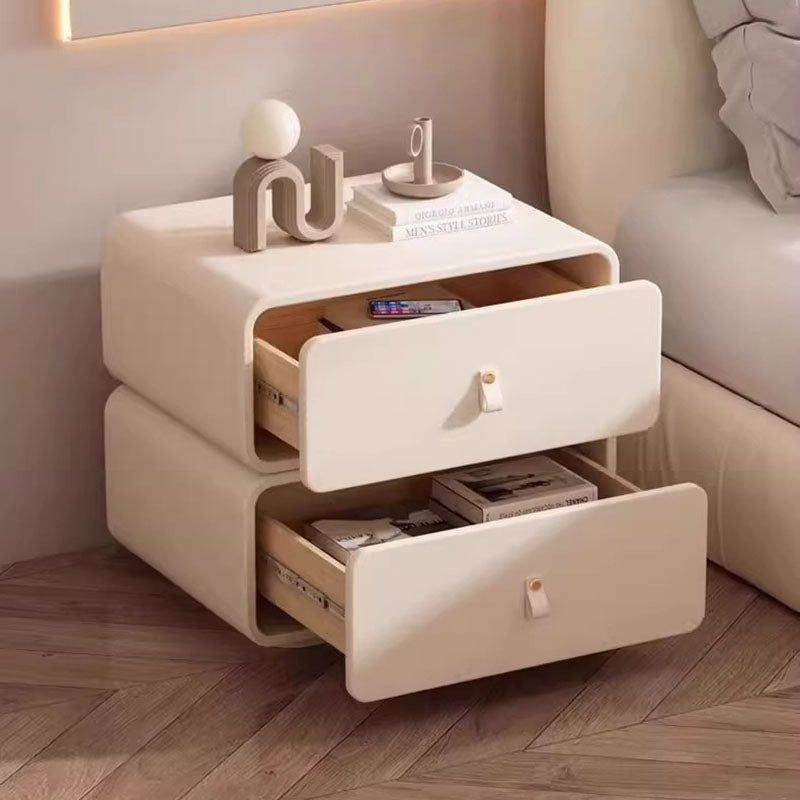 Modern Minimalist Solid Wood Faux Leather Rounded Square Nightstand 2 Drawers For Bedroom