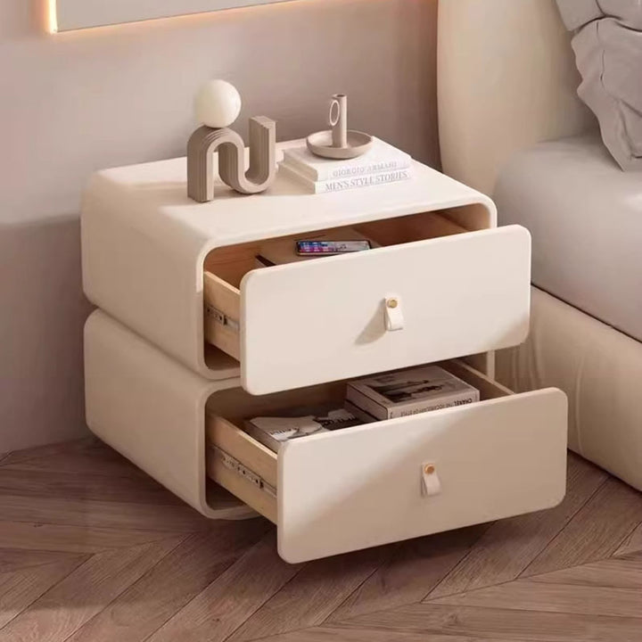 Modern Minimalist Solid Wood Faux Leather Rounded Square Nightstand 2 Drawers For Bedroom