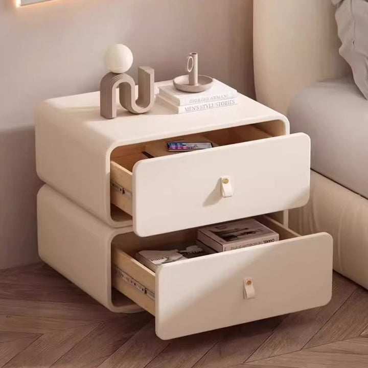 Modern Minimalist Solid Wood Faux Leather Rounded Square Nightstand 2 Drawers For Bedroom