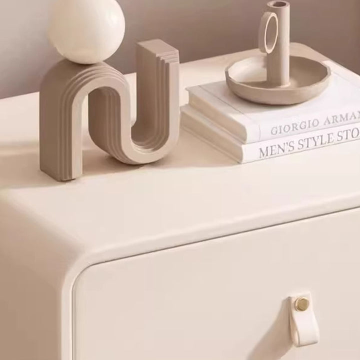 Modern Minimalist Solid Wood Faux Leather Rounded Square Nightstand 2 Drawers For Bedroom