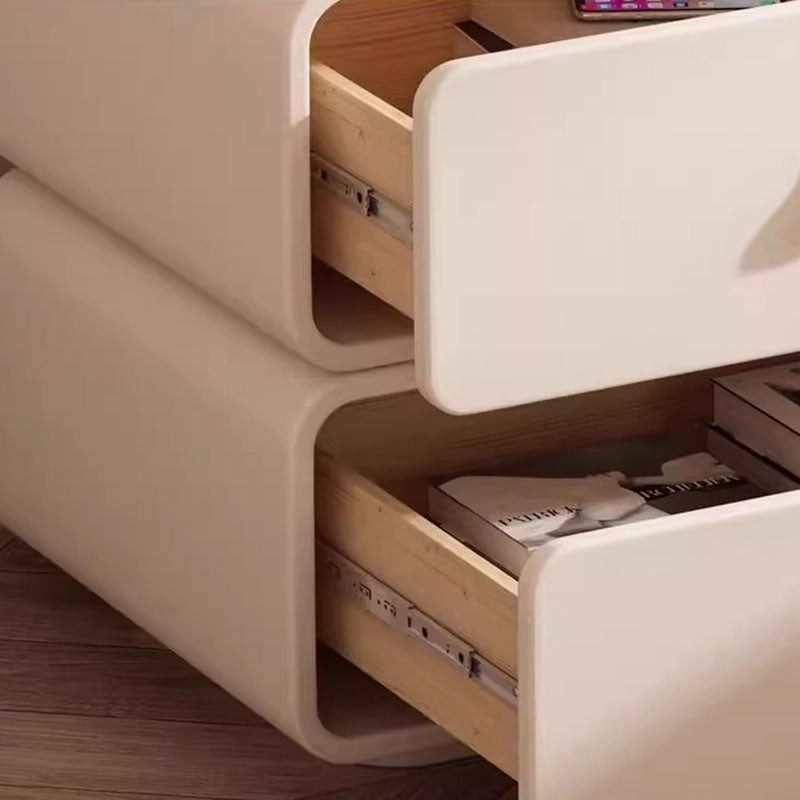 Modern Minimalist Solid Wood Faux Leather Rounded Square Nightstand 2 Drawers For Bedroom
