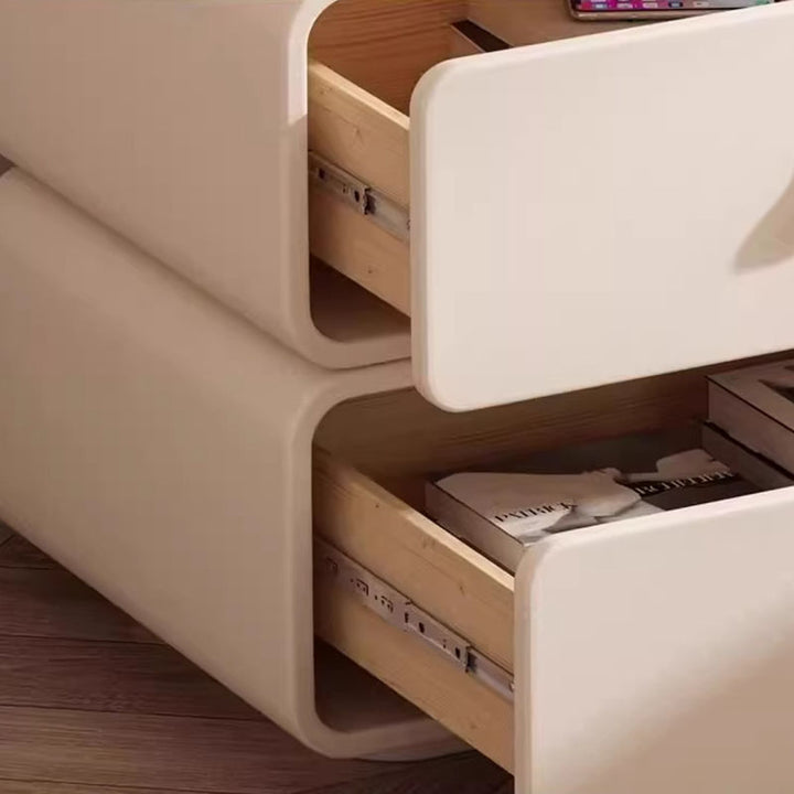 Modern Minimalist Solid Wood Faux Leather Rounded Square Nightstand 2 Drawers For Bedroom