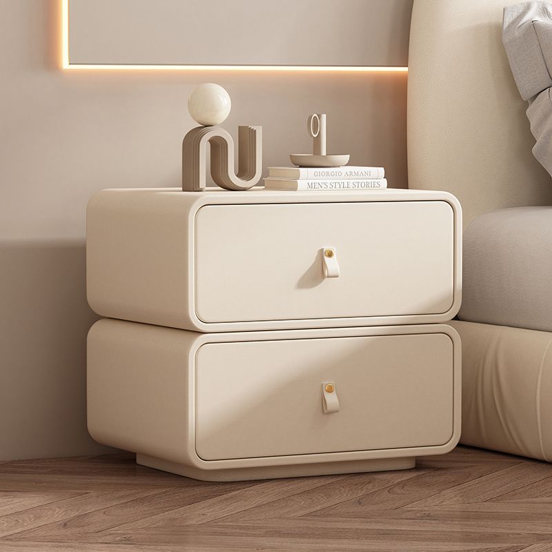Modern Minimalist Solid Wood Faux Leather Rounded Square Nightstand 2 Drawers For Bedroom