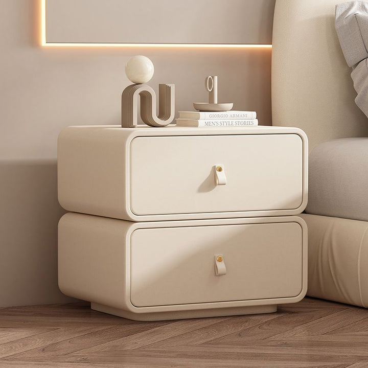 Modern Minimalist Solid Wood Faux Leather Rounded Square Nightstand 2 Drawers For Bedroom
