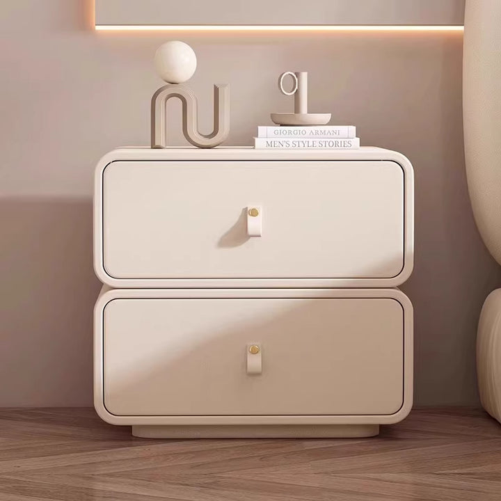 Modern Minimalist Solid Wood Faux Leather Rounded Square Nightstand 2 Drawers For Bedroom