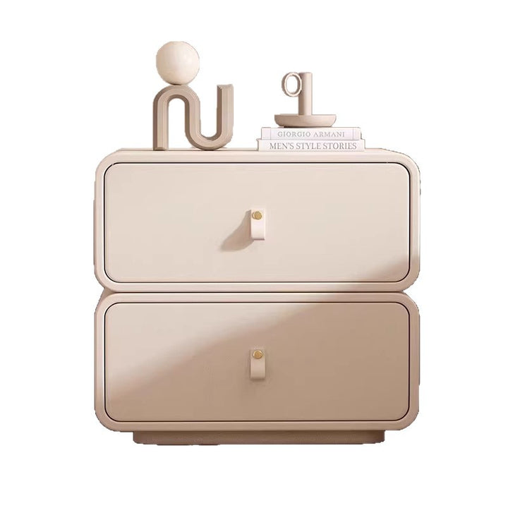 Modern Minimalist Solid Wood Faux Leather Rounded Square Nightstand 2 Drawers For Bedroom