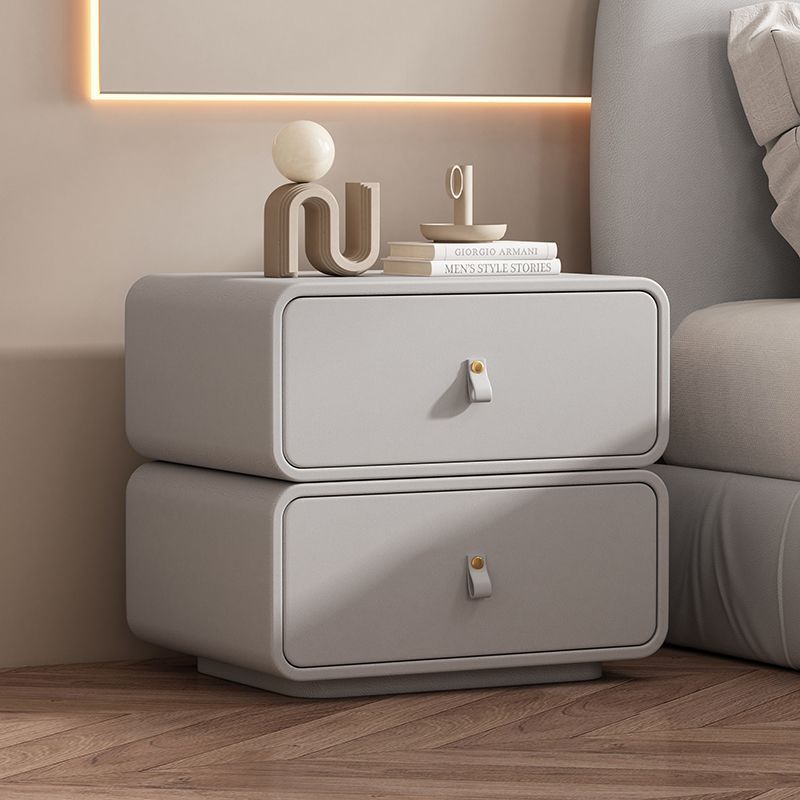 Modern Minimalist Solid Wood Faux Leather Rounded Square Nightstand 2 Drawers For Bedroom