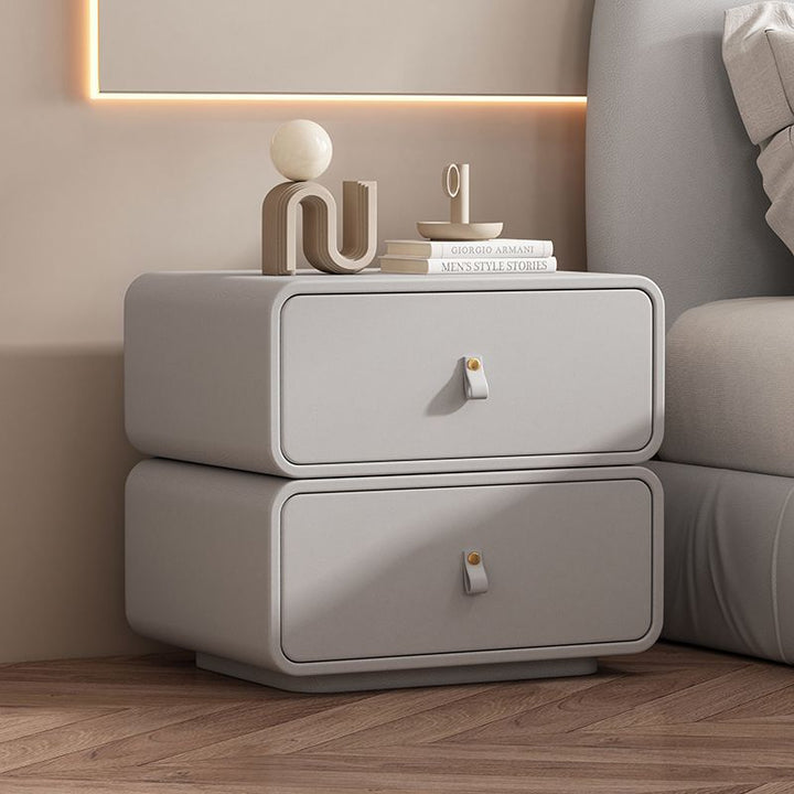Modern Minimalist Solid Wood Faux Leather Rounded Square Nightstand 2 Drawers For Bedroom