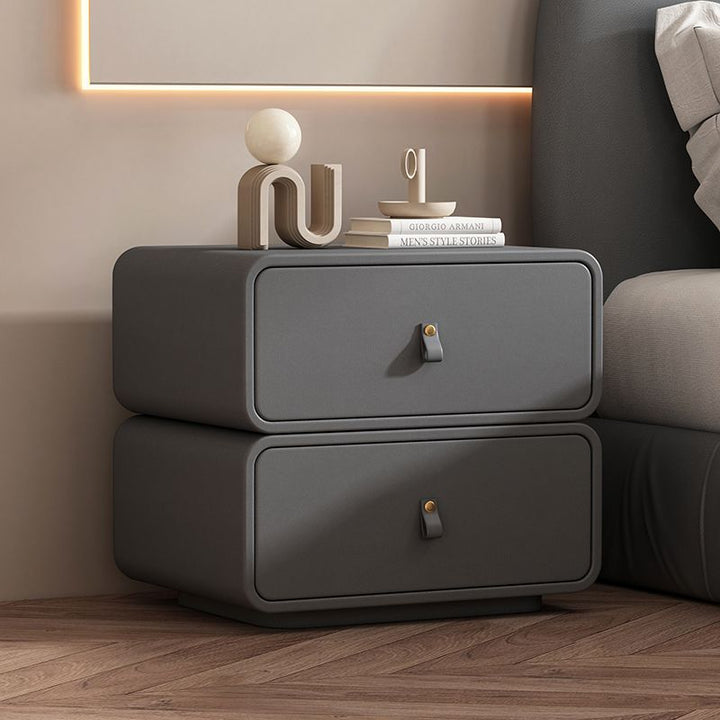 Modern Minimalist Solid Wood Faux Leather Rounded Square Nightstand 2 Drawers For Bedroom