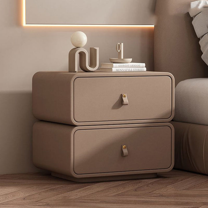 Modern Minimalist Solid Wood Faux Leather Rounded Square Nightstand 2 Drawers For Bedroom