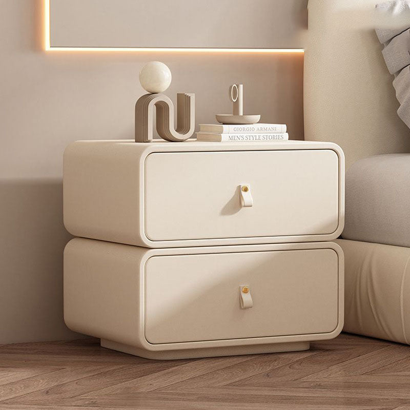 Modern Minimalist Solid Wood Faux Leather Rounded Square Nightstand 2 Drawers For Bedroom