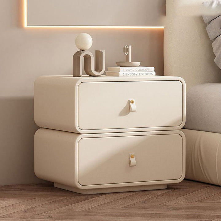 Modern Minimalist Solid Wood Faux Leather Rounded Square Nightstand 2 Drawers For Bedroom