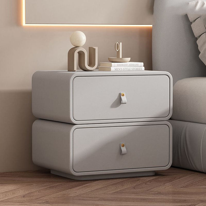 Modern Minimalist Solid Wood Faux Leather Rounded Square Nightstand 2 Drawers For Bedroom