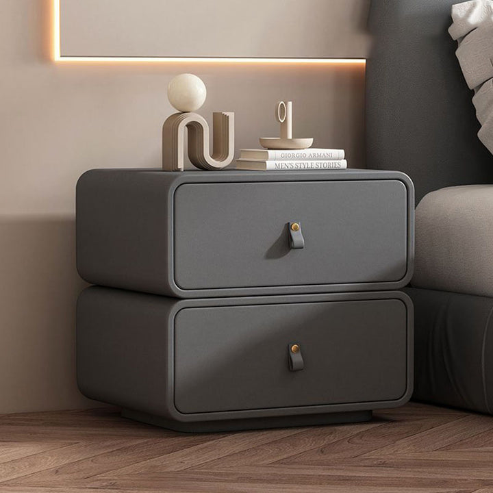 Modern Minimalist Solid Wood Faux Leather Rounded Square Nightstand 2 Drawers For Bedroom