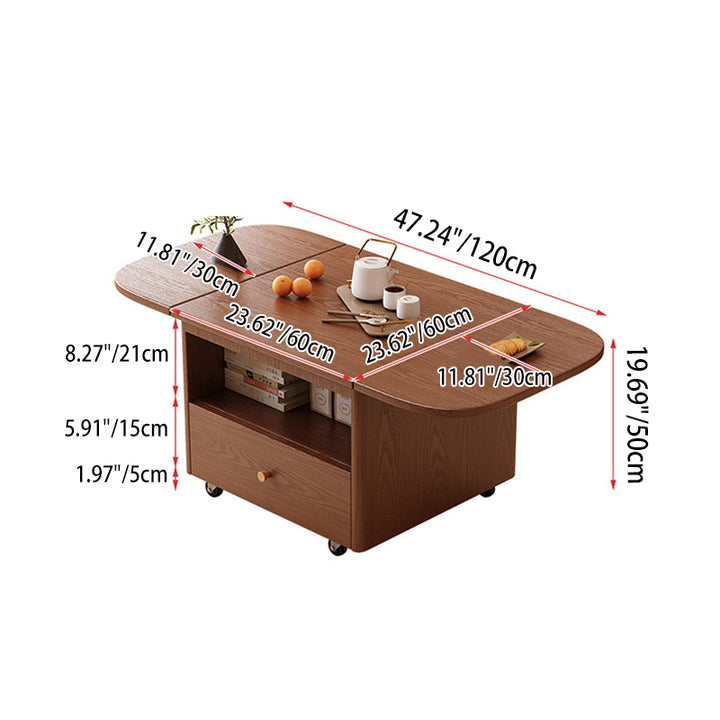 Traditional Vintage Solid Wood Plywood Rubberwood Rounded Rectangular Mobile Coffee Table 2-Tier For Living Room