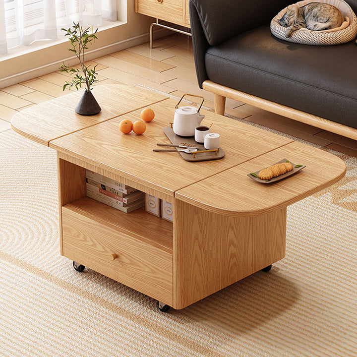 Traditional Vintage Solid Wood Plywood Rubberwood Rounded Rectangular Mobile Coffee Table 2-Tier For Living Room