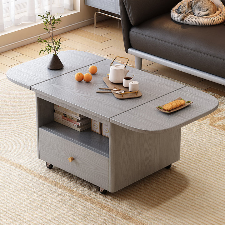 Traditional Vintage Solid Wood Plywood Rubberwood Rounded Rectangular Mobile Coffee Table 2-Tier For Living Room