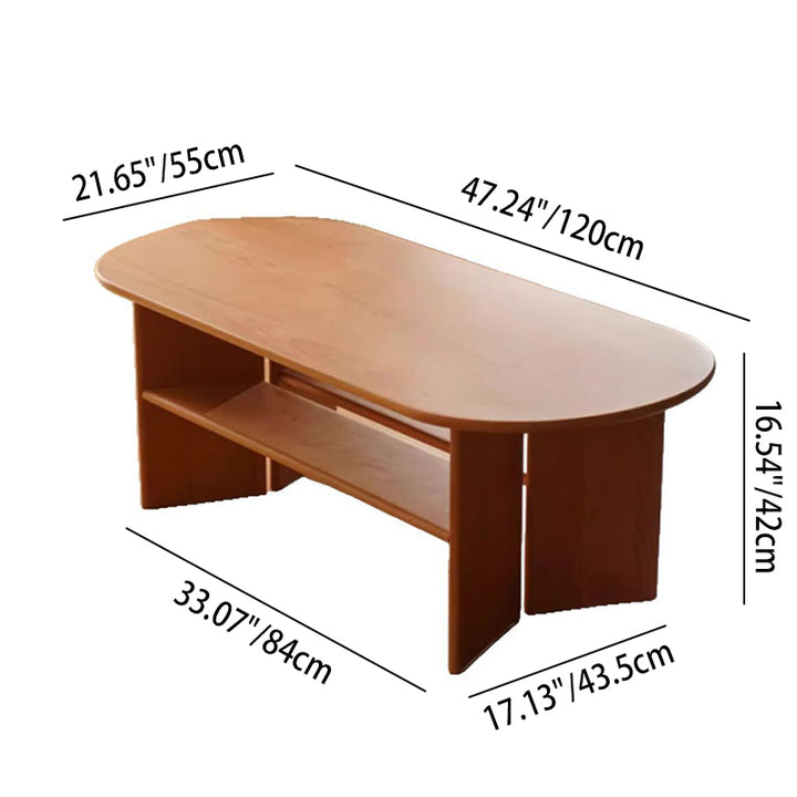 Traditional Vintage Cherry Wood Long Oval Slab Coffee Table With 2-Tier For Living Room