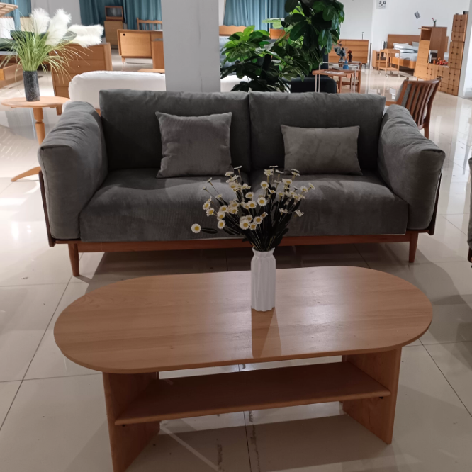 Traditioneller Vintage-Couchtisch aus Kirschholz mit langem, ovalem Brett und 2 Ebenen für das Wohnzimmer 
