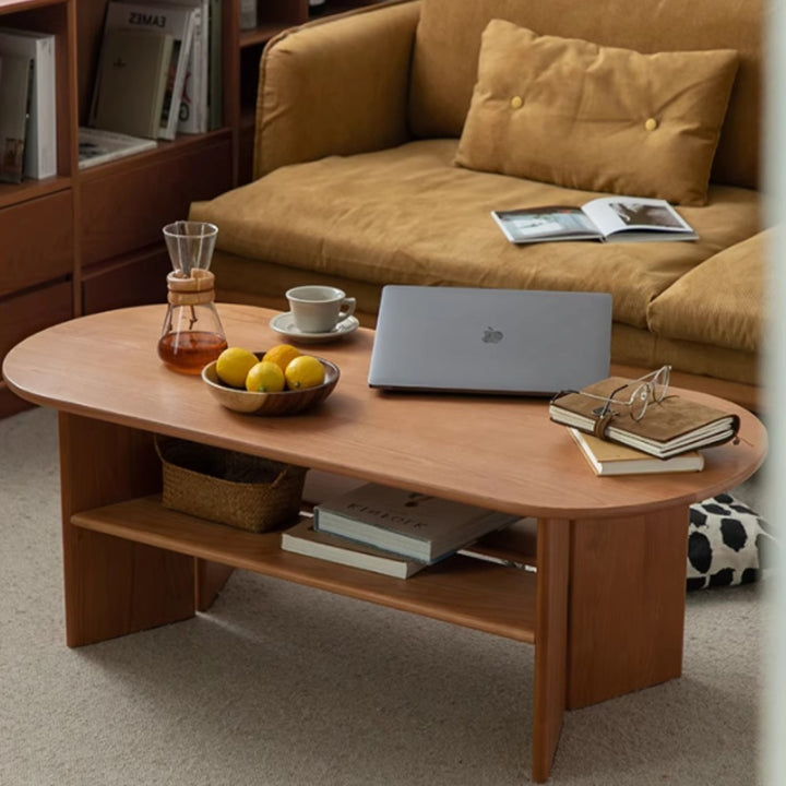 Traditional Vintage Cherry Wood Long Oval Slab Coffee Table With 2-Tier For Living Room