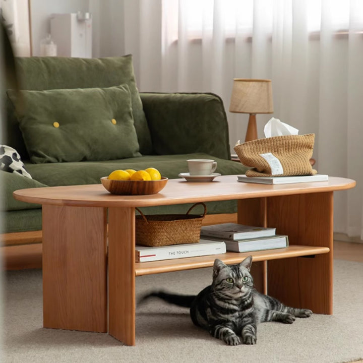 Traditional Vintage Cherry Wood Long Oval Slab Coffee Table With 2-Tier For Living Room
