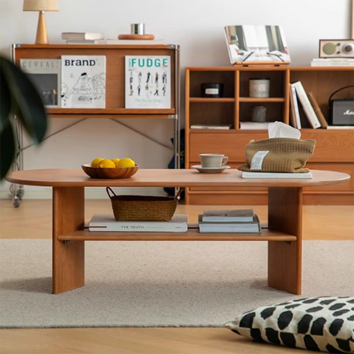 Traditional Vintage Cherry Wood Long Oval Slab Coffee Table With 2-Tier For Living Room