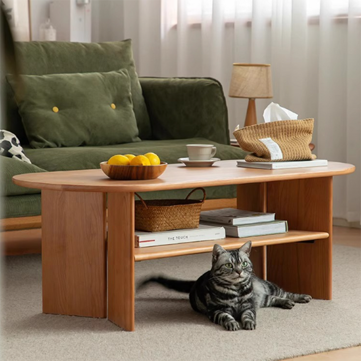 Traditioneller Vintage-Couchtisch aus Kirschholz mit langem, ovalem Brett und 2 Ebenen für das Wohnzimmer 