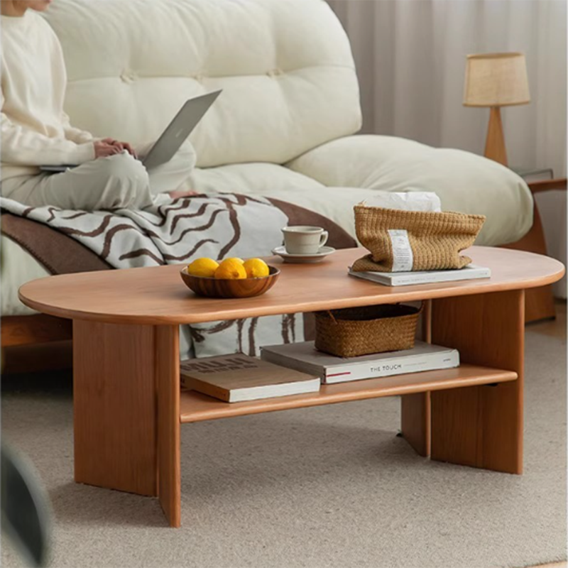 Traditioneller Vintage-Couchtisch aus Kirschholz mit langem, ovalem Brett und 2 Ebenen für das Wohnzimmer 