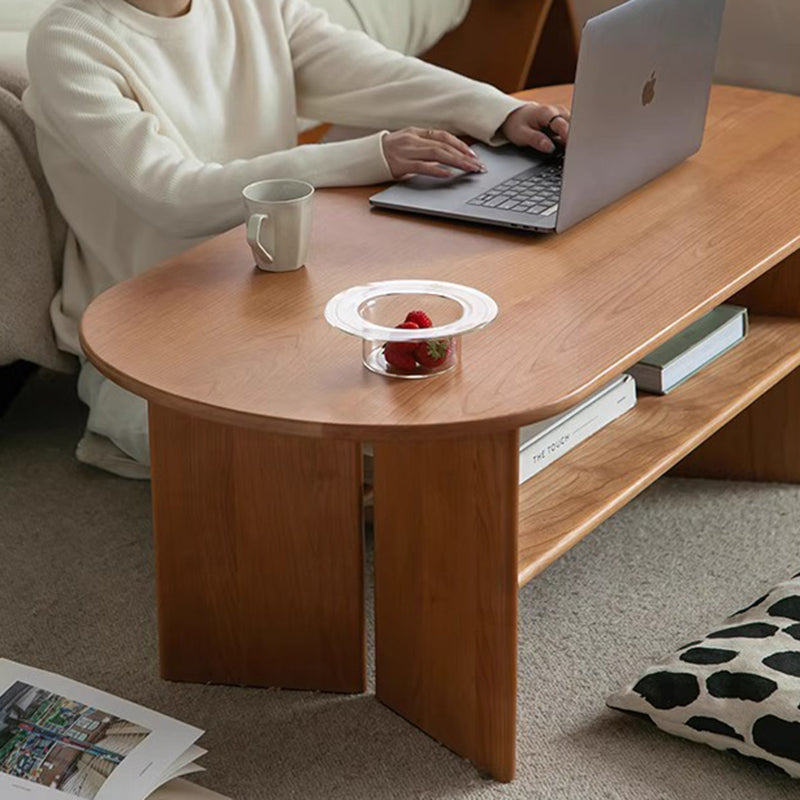 Traditioneller Vintage-Couchtisch aus Kirschholz mit langem, ovalem Brett und 2 Ebenen für das Wohnzimmer 