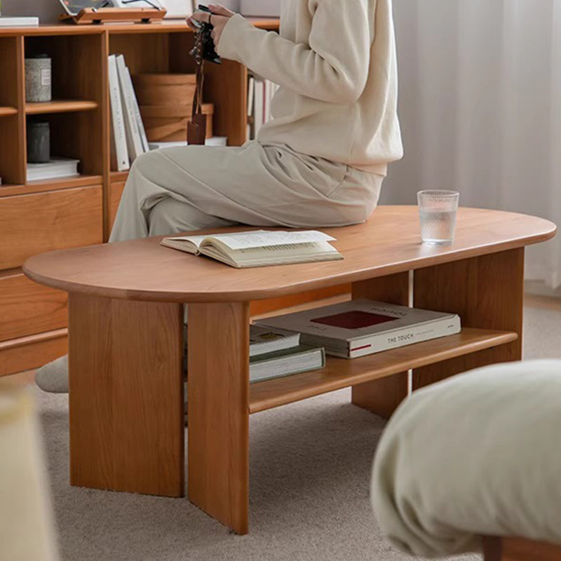 Traditioneller Vintage-Couchtisch aus Kirschholz mit langem, ovalem Brett und 2 Ebenen für das Wohnzimmer 