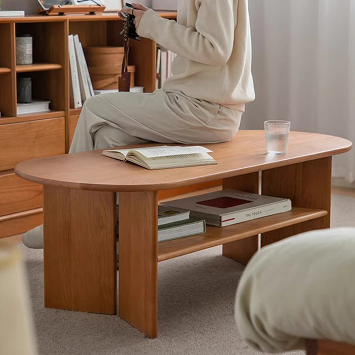 Traditioneller Vintage-Couchtisch aus Kirschholz mit langem, ovalem Brett und 2 Ebenen für das Wohnzimmer 