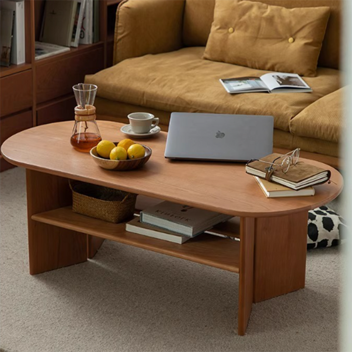 Traditioneller Vintage-Couchtisch aus Kirschholz mit langem, ovalem Brett und 2 Ebenen für das Wohnzimmer 