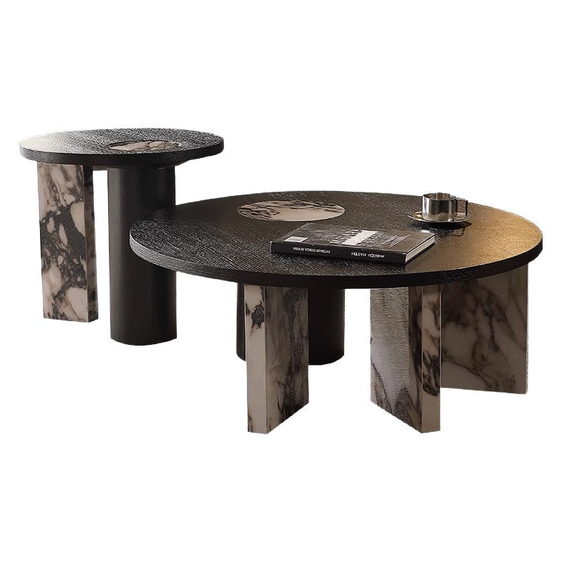 Traditional French Sintered Stone Solid Wood Veneer Round Rectangular Coffee Table With 1-Tier For Living Room