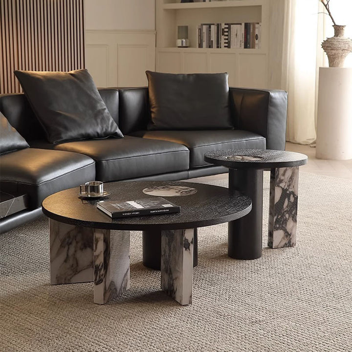 Traditional French Sintered Stone Solid Wood Veneer Round Rectangular Coffee Table With 1-Tier For Living Room