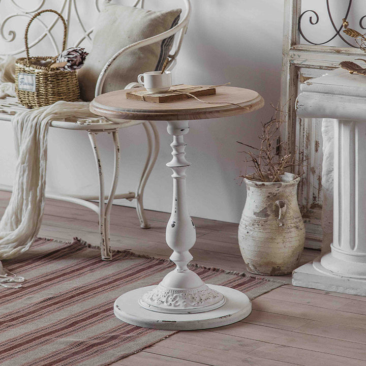 Table d'appoint ronde traditionnelle française en MDF sculpté aspect bois de sapin avec 1 niveau pour salon 