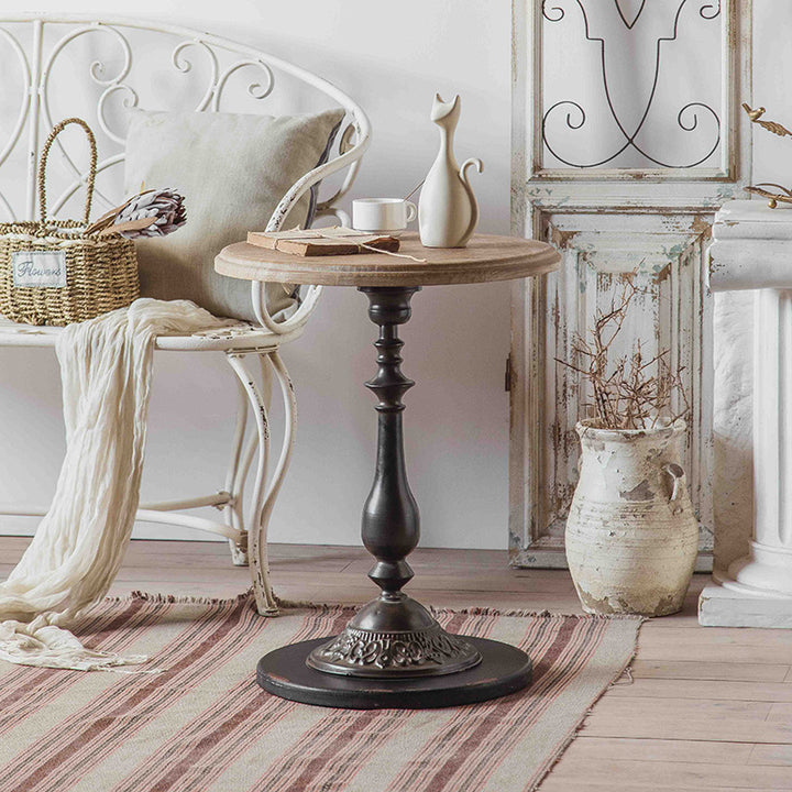 Table d'appoint ronde traditionnelle française en MDF sculpté aspect bois de sapin avec 1 niveau pour salon 