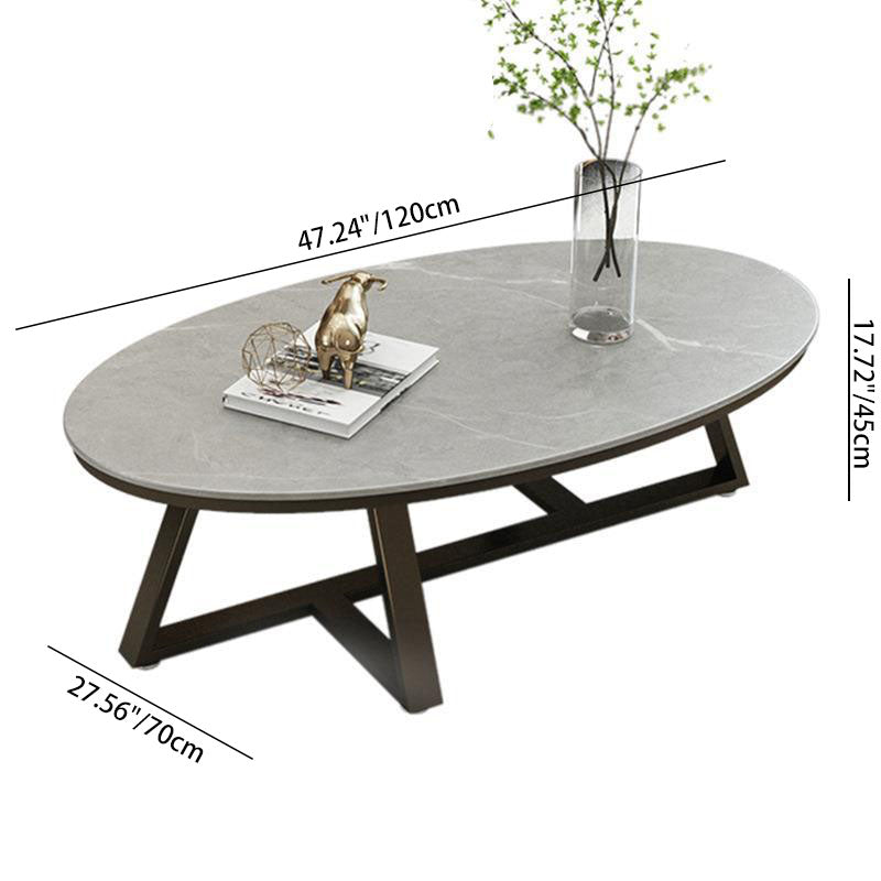 Contemporary Scandinavian Sintered Stone Iron Long Oval Coffee Table With 1-Tier For Living Room