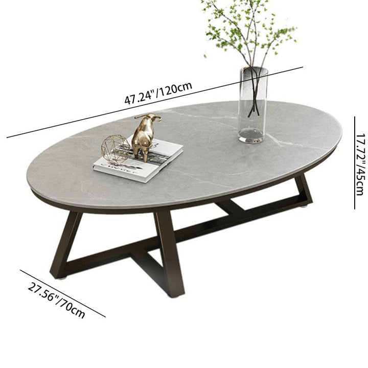 Contemporary Scandinavian Sintered Stone Iron Long Oval Coffee Table With 1-Tier For Living Room
