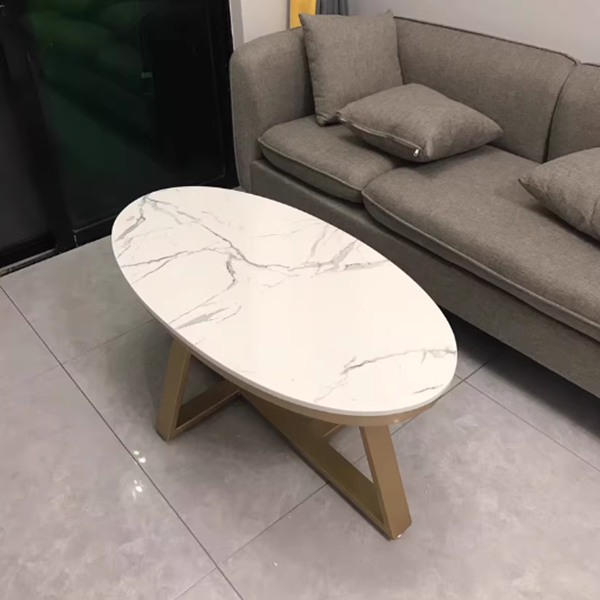 Contemporary Scandinavian Sintered Stone Iron Long Oval Coffee Table With 1-Tier For Living Room