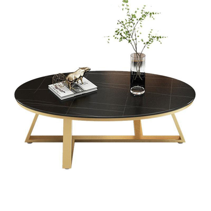 Contemporary Scandinavian Sintered Stone Iron Long Oval Coffee Table With 1-Tier For Living Room