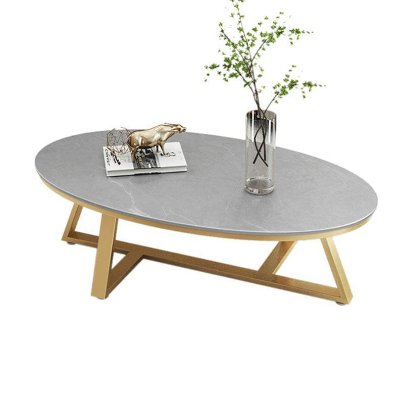 Contemporary Scandinavian Sintered Stone Iron Long Oval Coffee Table With 1-Tier For Living Room