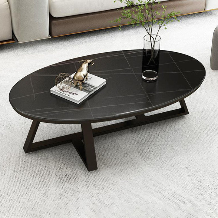 Table basse ovale longue en pierre frittée et fer de style scandinave contemporain avec 1 niveau pour salon 
