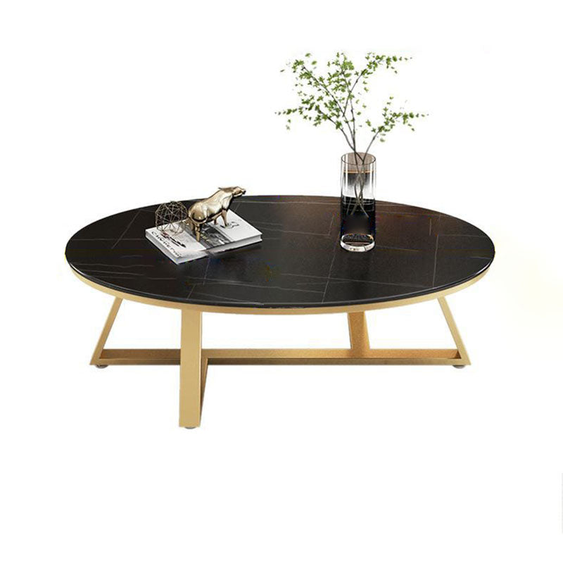 Contemporary Scandinavian Sintered Stone Iron Long Oval Coffee Table With 1-Tier For Living Room