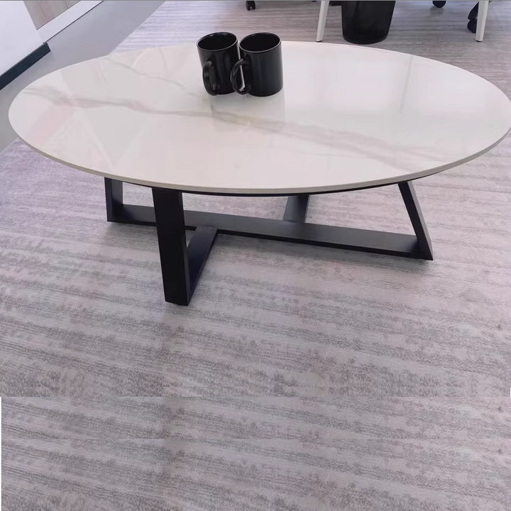 Contemporary Scandinavian Sintered Stone Iron Long Oval Coffee Table With 1-Tier For Living Room